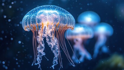 Fototapeta premium Ethereal underwater scene with glowing jellyfish drifting in deep blue sea