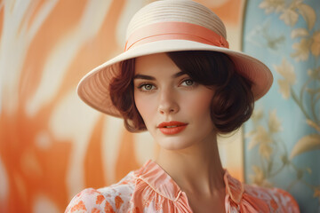 A woman wearing a white hat and a pink dress is sitting in front of a blue wall