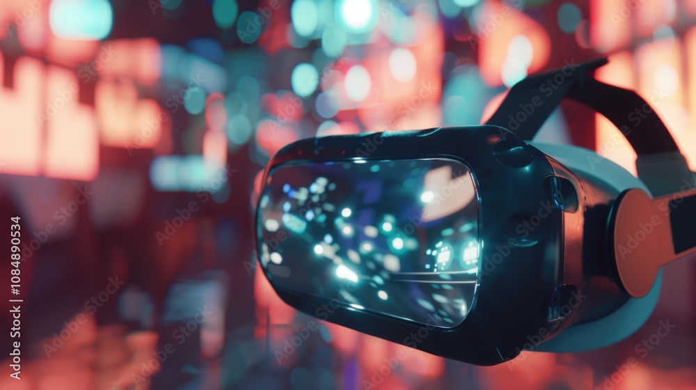 Poster a virtual reality headset transporting users to a digital world, virtual reality experience scene, m
