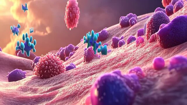 The image displays a detailed close-up of cells interacting within a tissue environment