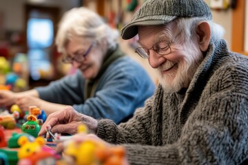 Seniors making nostalgic toys, a therapeutic activity that blends creativity with fond memories of childhood
