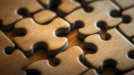 A close-up view of wooden puzzle pieces arranged on a surface, showcasing their intricate designs and textures.