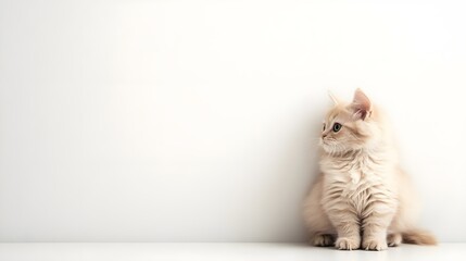 Cute fluffy cat with soft fur is sitting calmly in the corner of a minimalist white background