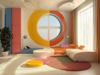 Suprematism style interior design of a modern living room featuring abstract geometric colorful shapes