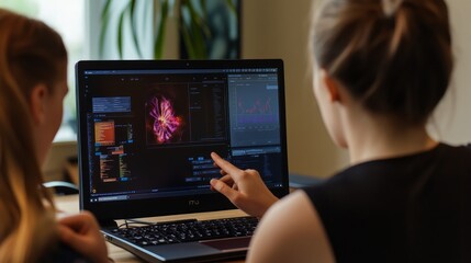 Two women collaborate on a laptop, analyzing data visualizations on screen.