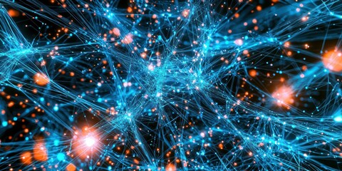 Fototapeta premium A conceptual image of machine learning with digital data streams and interconnected nodes representing complex algorithms.