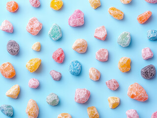 Colorful candy pieces scattered on blue background create vibrant and playful scene. assortment of shapes and hues evokes sense of joy and nostalgia
