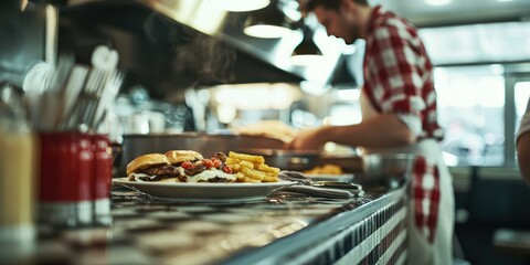 A cook serving food at a diner counter, with a focus on the traditional diner atmosphere.