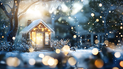 cozy rustic cabin in snowy forest, adorned with warm lights, creates magical winter atmosphere. soft snowfall enhances serene beauty of scene