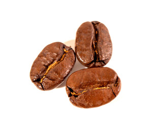 Top view of brown roasted coffee beans isolated on white background, for background, illustration and pattern design.