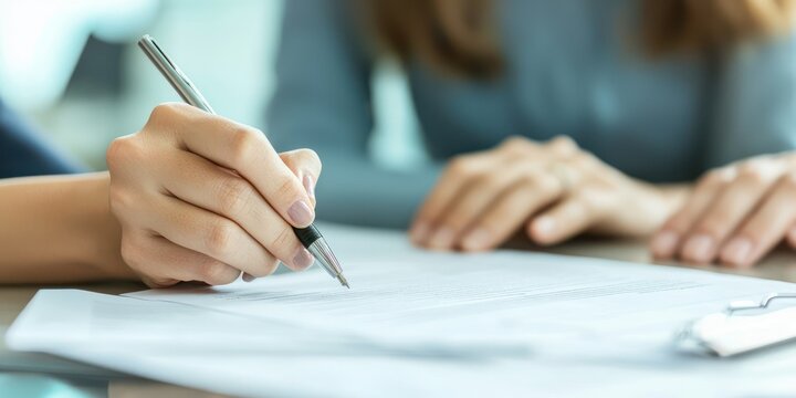 A couple signing home loan documents at a bank, with a financial advisor guiding them through the process.