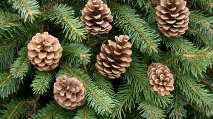 Fototapeta premium Close-up of pine cones on evergreen branches, with natural outdoor background; rustic and serene