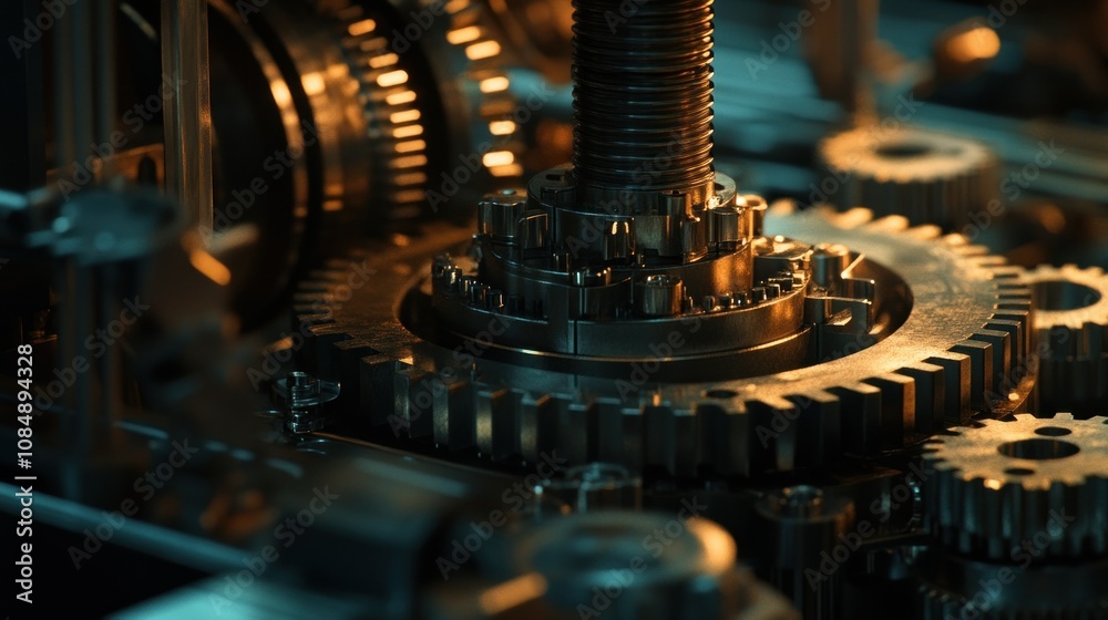 Poster close-up of interlocking gears and a metal screw in a machine