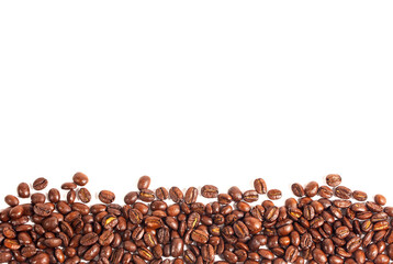 Close up of a collection of roasted coffee beans, isolated on a white background with copy space. for background illustrations and pattern designs.