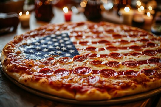 A giant pizza with toppings arranged to resemble the American flag, served at a festive gathering