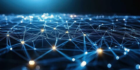 A data network concept with glowing streams of binary code flowing between interconnected nodes in a digital space.