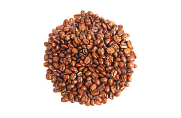 Close up of a collection of roasted coffee beans, isolated on a white background with copy space. for background illustrations and pattern designs.