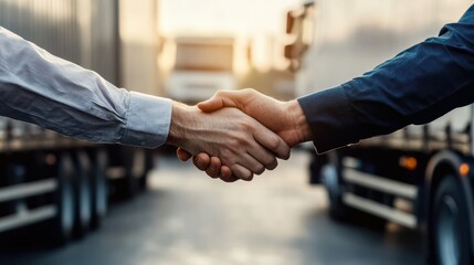 Two individuals shake hands in a logistics setting, symbolizing partnership and agreement amidst trucks, signifying collaboration in transportation.