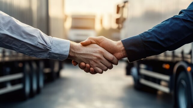 Two individuals shake hands in a logistics setting, symbolizing partnership and agreement amidst trucks, signifying collaboration in transportation.