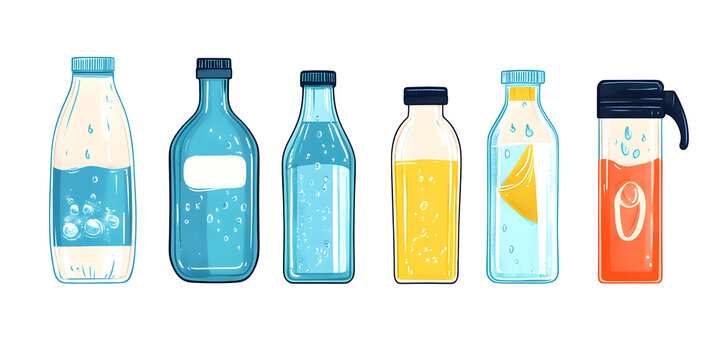 Drink more water. Glass only. Plastic free, zero waste concept. Various bottles, glass, flusk. Hand drawn cute trendy vector illustartion. All elements are isolated