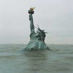 the statue of liberty is under water, only the arm with the flag is sticking out  - Generative AI