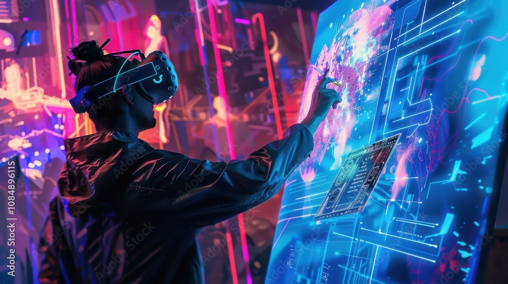 Poster an artist creating digital artworks using virtual reality brushes and interactive canvases in a cybe