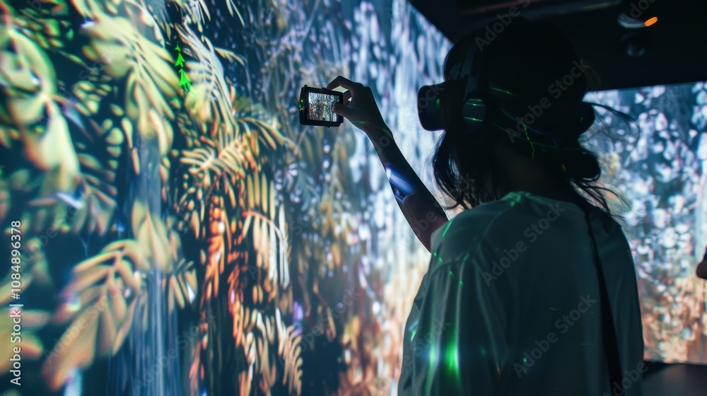 Poster an artist creating digital installations in an interactive art gallery, digital art installation the
