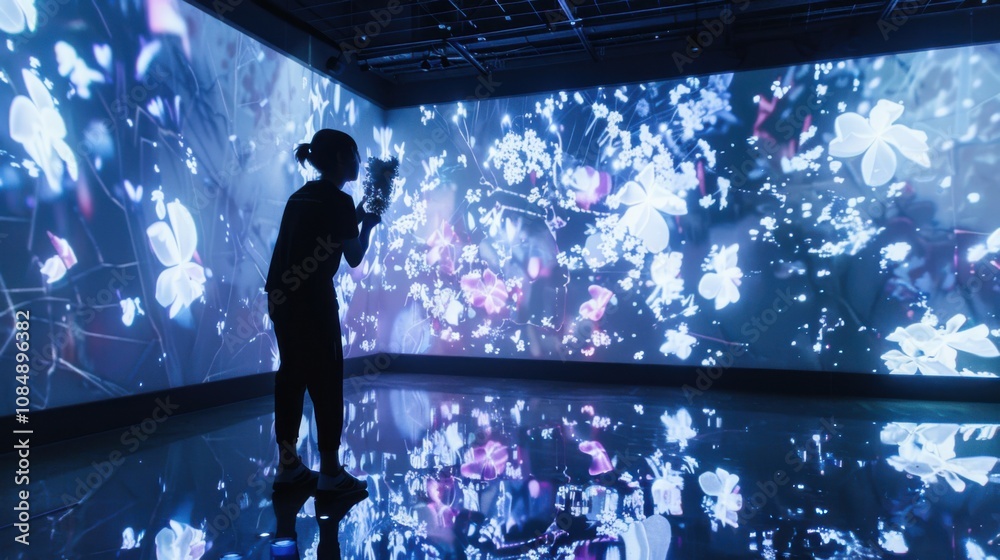 Poster an artist creating digital installations in an interactive art gallery, digital art installation the
