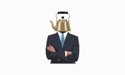 Businessman with a kettle for a head, arms crossed confidently.