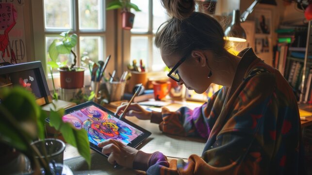An artist creating digital illustrations on a tablet in a minimalist studio, Digital artistry theme, Contemporary style