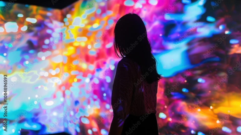 Poster An artist creating digital installations that respond to viewer interactions through motion sensors and augmented reality projections, Interactive art scene, Avant-garde style