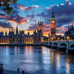 Naklejka premium Aerial view of Houses of Parliament at sunset,