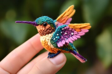 Fototapeta premium Colorful Hummingbird with Alebrije-Inspired Needle Felted Wings