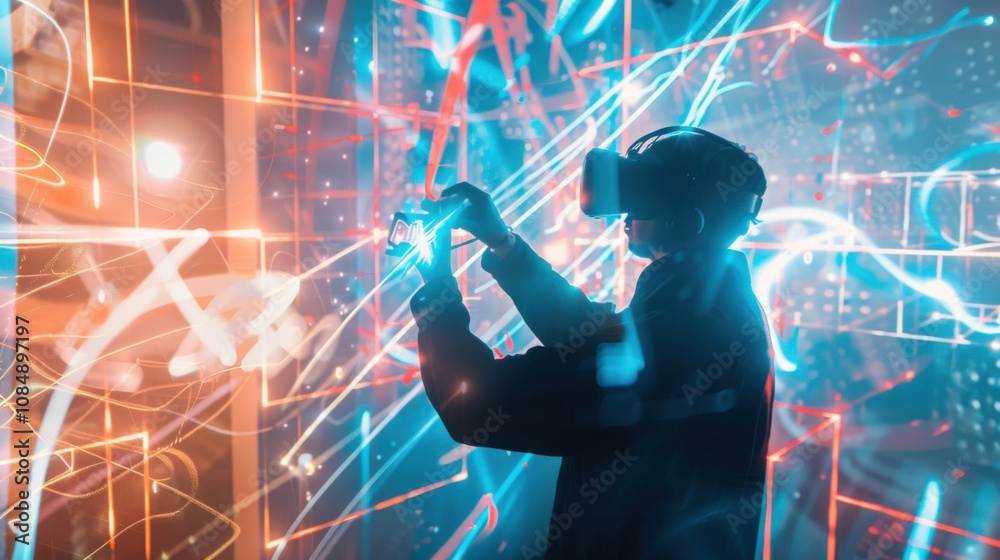 Poster an artist creating digital sculptures and interactive installations in a virtual gallery space, digi
