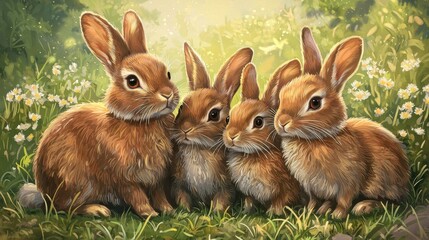 Obraz premium Four Adorable Brown Rabbits Sitting Together in a Lush Green Meadow Surrounded by Wildflowers in Soft Natural Light