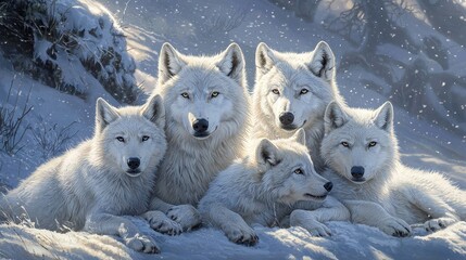 Obraz premium A serene gathering of Arctic wolves in a snowy landscape, showcasing their majestic beauty and gentle interaction in the winter wilderness, evoking calm and tranquility