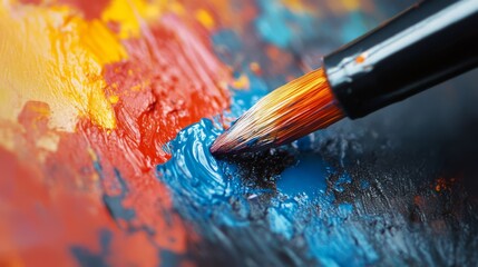 Obraz premium Close-up of a paintbrush picking up blue paint from a palette.