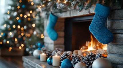 cozy fireplace scene with blue stockings and festive decorations