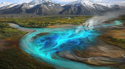 Obraz premium Breathtaking Aerial View of Turquoise River Flowing Through Majestic Mountain Landscape with Snow-Capped Peaks and Vibrant Greenery Under Clear Blue Sky