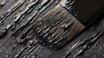 Fototapeta premium Close-up of a paintbrush with black paint on a dark surface.