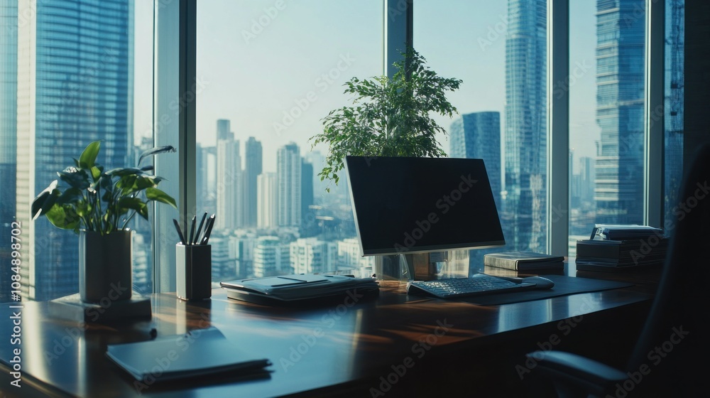 Poster modern office desk with cityscape view and a computer