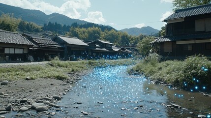 Serene Traditional Village Scene with a Sparkling Stream and Scenic Mountains in the Background Under a Bright Blue Sky, Perfect for Nature and Travel Themes