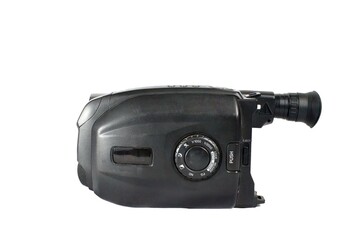 A sleek black vintage camcorder with dials and controls, showcasing retro technology. Designed for capturing memories, this device highlights the timeless appeal of analog video recording in a modern 