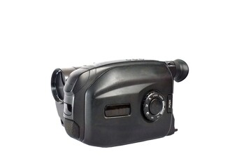 A sleek black vintage camcorder with dials and controls, showcasing retro technology. Designed for capturing memories, this device highlights the timeless appeal of analog video recording in a modern 