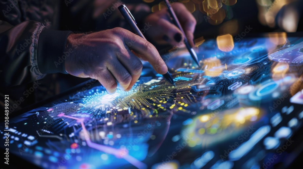 Poster an artist using a digital pen to create intricate designs on a tablet, with virtual art galleries di