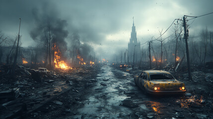 Obraz premium Post Apocalyptic Cityscape: Desolate street scene, ravaged by war or disaster, showing burning buildings, destroyed vehicles, and a gloomy atmosphere.
