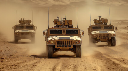 Military Convoy: A trio of tactical vehicles navigate through a dusty desert landscape, showcasing the raw power and resilience of military operations.  