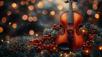 beautiful violin surrounded by festive decorations and lights