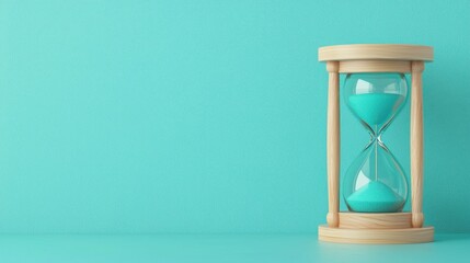 SEO search and visibility concept. A wooden hourglass filled with turquoise sand, set against a textured aqua background, symbolizing the passage of time.
