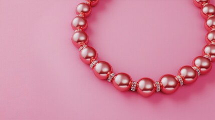 Obraz premium SEO search and visibility concept. A close-up of a beautiful coral-colored pearl necklace on a soft pink background, highlighting its shine and elegance.